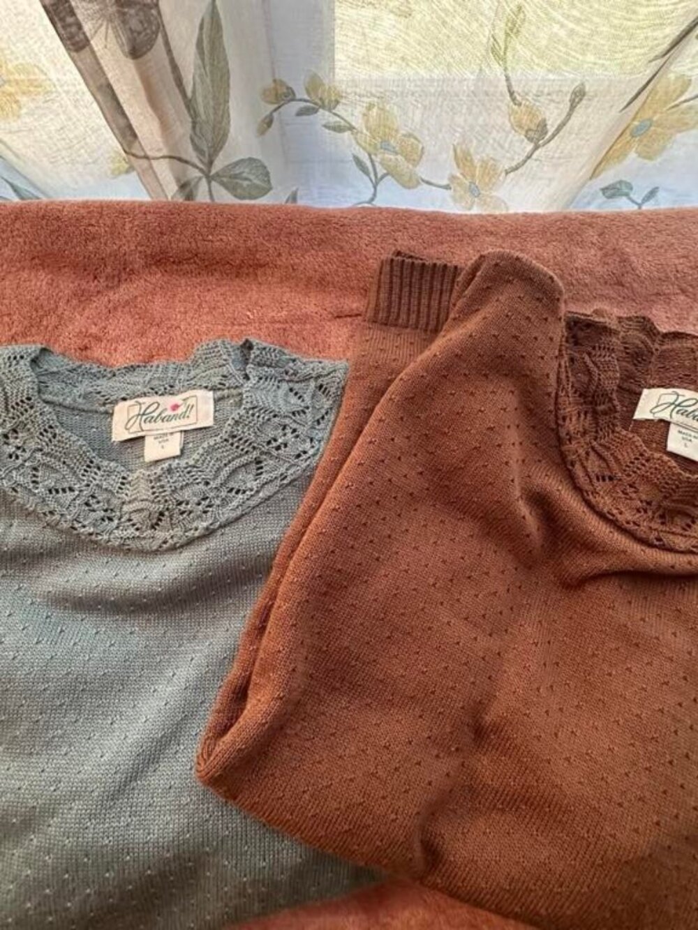 2 Haband! Sweaters L - Dusty Blue & Brown Pointelle Crochet Trim Vintage